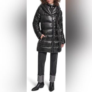 DKNY Shine Puffer Coat With Bib Black XS New Long‎ Quilted New